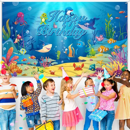 Miniatura 3 de Fondo de fiesta de cumpleaños bajo el mar, decoración de fiesta temática oceánica, fondo de fotos subacuáticas con delfín, tiburón, animales marinos