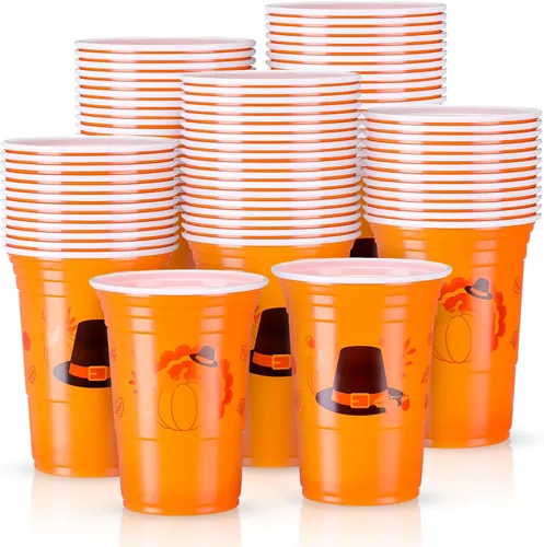Sliner 60 vasos de plástico de 16 onzas para Acción de Gracias, suministros para fiesta de Acción de Gracias, vasos desechables de color naranja,