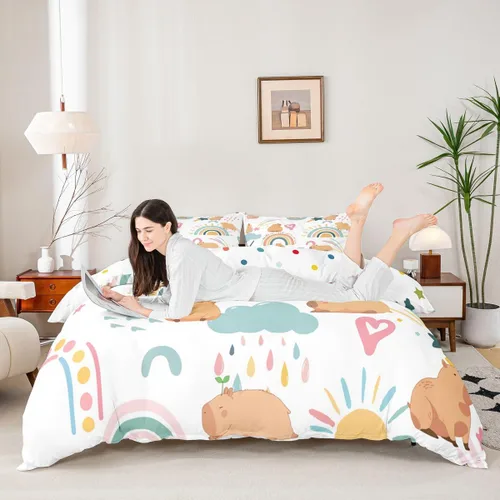 Miniatura 5 de Erosebridal Capybara - Juego de funda de edredón para dormitorio, 2 piezas, diseño de arco iris, tamaño individual, para niñas, funda de edredón
