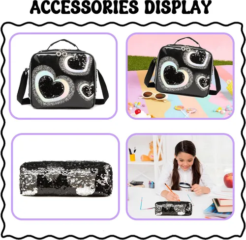 Miniatura 35 de Mochila para niñas de 16 pulgadas, mochilas para niñas para la escuela, mochila de lentejuelas con lonchera para estudiantes de primaria