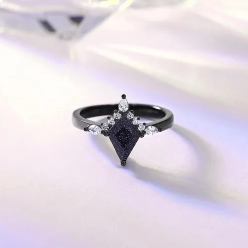 Miniatura 5 de Anillo de boda gótico negro con piedra arenisca azul, anillos de promesa únicos para mujer