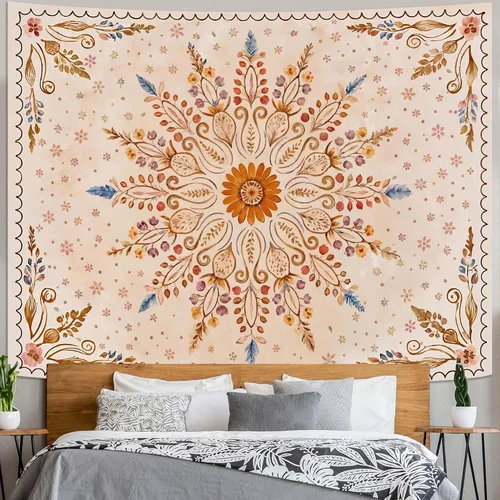 Miniatura 27 de Fowocu Tapiz bohemio con mandala floral para colgar en la pared, medallón de flores bohemias, tapiz estético, beige, naranja, hippie, indio, pequeño