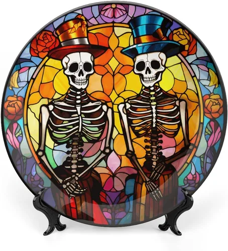 Miniatura 9 de Platos decorativos de Halloween, calabaza en el bosque, 31 de octubre por la noche, vitral, plato de cena de cerámica con soporte de exhibición