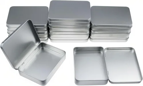 12 recipientes rectangulares de metal vacíos con bisagras para necesidades básicas, organizador de almacenamiento para el hogar, juego de mini Plata