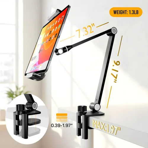 Miniatura 5 de Soporte para tableta, soporte de escritorio ajustable para iPad con base giratoria de 360° para dispositivos de 6.3 a 16 pulgadas, soporte de brazo