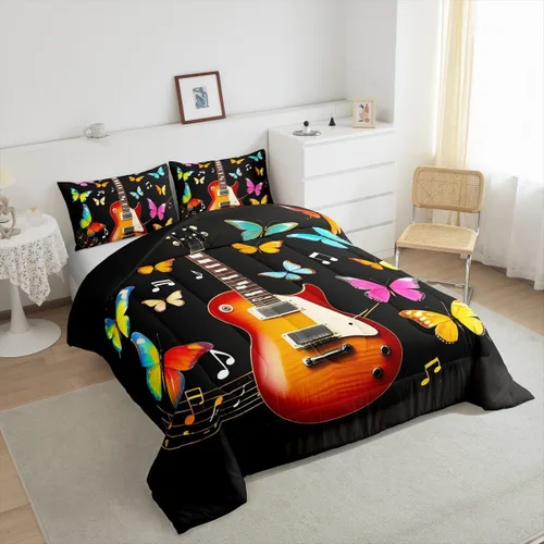 Miniatura 6 de Erosebridal Juego de ropa de cama de guitarra, juego de edredón de notas musicales de mariposa, tamaño individual, juego de edredón de música hip
