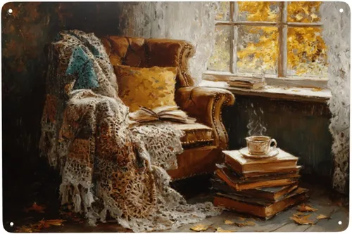 Metal Tin Sign Cozy Autumn Reading Nook Plaque, 8X12 Inch Retro Oil Painting Art Wall Decor Metal Poster, Perfect For Creating Warm Reading