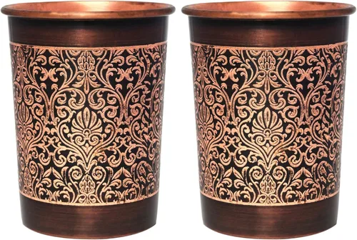 Juego de 2 vasos de cobre, diseño floral, 8.5 fl oz (8.45 onzas líquidas) de capacidad para beneficios para la salud del ayurveda (recto)