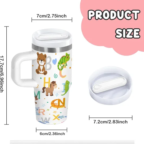 Miniatura 2 de Vaso de 405 ml para niños con alfabeto de animales con asa, popote y tapa, vaso aislado de acero inoxidable, cosas con letras del abecedario