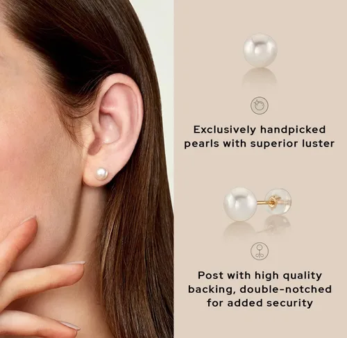 Miniatura 4 de THE PEARL SOURCE Aretes redondos de perlas reales de agua dulce blancas para mujer, aretes de oro de 14 quilates Aretes hipoalergénicos con perlas