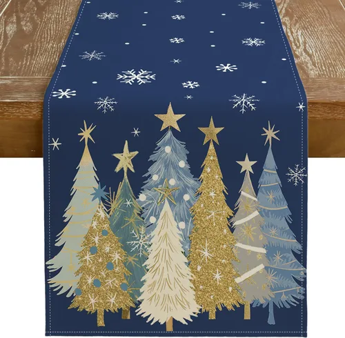 GEEORY Camino de mesa de Navidad de 13 x 36 pulgadas, árboles de Navidad, copos de nieve, decoración de mesa de granja para cocina, comedor, Azul