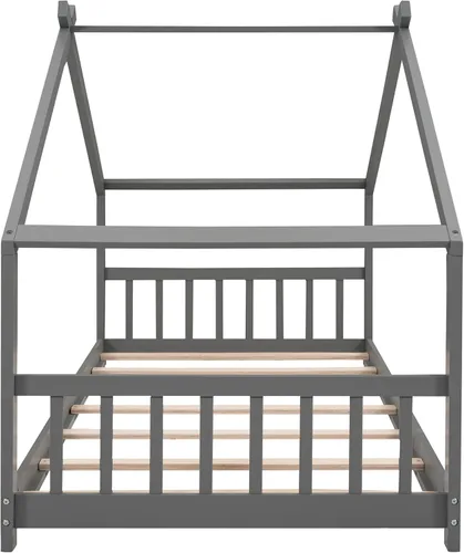 Miniatura 9 de Bellemave Montessori - Cama de suelo tamaño individual, marco de cama individual con cabecero, estribo, cama Montessori de madera con listones