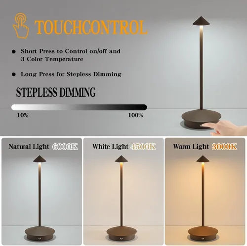 Miniatura 3 de Paquete de 2 lámparas de mesa inalámbricas recargables LED, portátiles de exterior, 5000 mAh, operadas con batería, luz de mesa con control táctil