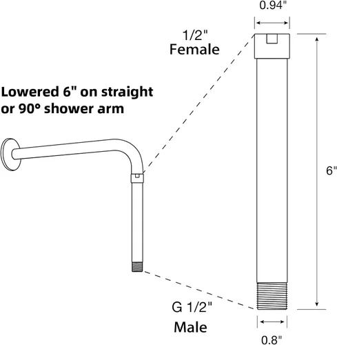Miniatura 7 de Extensión de brazo de ducha cromado, extensor de montaje de brazo de 6 pulgadas para cabezal de ducha superior, tubo extensor de hembra a macho