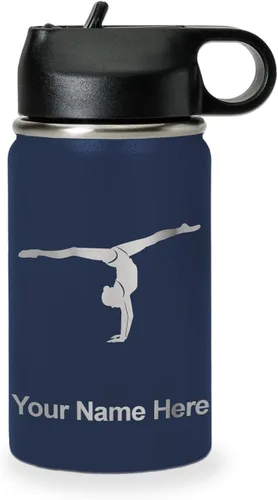 Miniatura 18 de LaserGram Botella de agua personalizada, gimnasta niña, acero inoxidable de doble pared aislada al vacío con popote superior, regalo grabado Azul