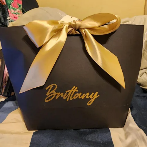 Miniatura 6 de Aosric Paquete de 12 bolsas de regalo negras con cinta de lazo, 7.48 x 3.54 x 7.9 pulgadas, elegante bolsa de regalo de cartulina pequeña con asas