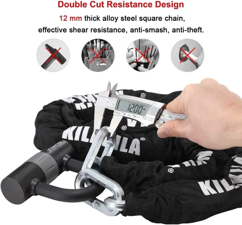 Miniatura 4 de KILAKILA Cerradura de cadena de seguridad - Cerradura de bicicleta y motocicleta resistente de 0.394 in con bloqueo en U de 0.630 in