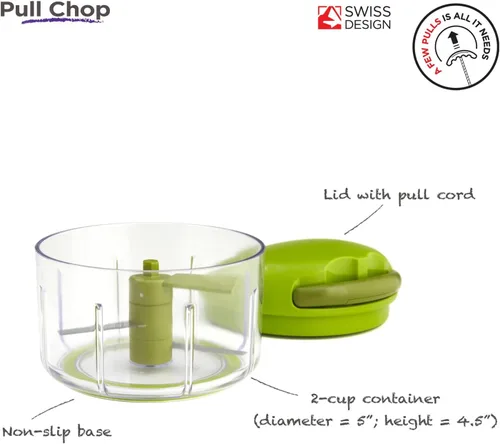 Miniatura 2 de Kuhn Rikon Cortador de tracción manual/procesador de alimentos manual con mecanismo de cordón, verde, 2 tazas