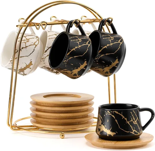 Miniatura 12 de LUKA - Juego de tazas de café de cerámica con platillos y soporte de metal, tazas de capuchino apilables de 8 oz de porcelana para té, espresso