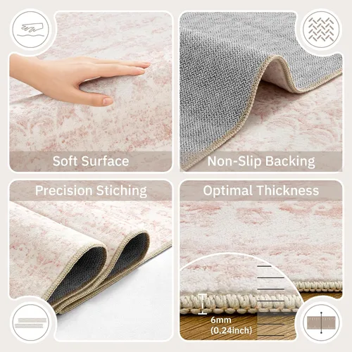 Miniatura 6 de Soalmost Alfombras de área rosadas de 5 x 7 pies para guardería, alfombras lavables vintage con estampado floral antideslizante de pelo bajo