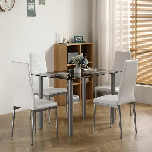 Miniatura 7 de Juego de mesa de comedor de 5 piezas, moderno juego de mesa de comedor negro para 4, mesa de comedor de cocina de vidrio templado con 4 sillas