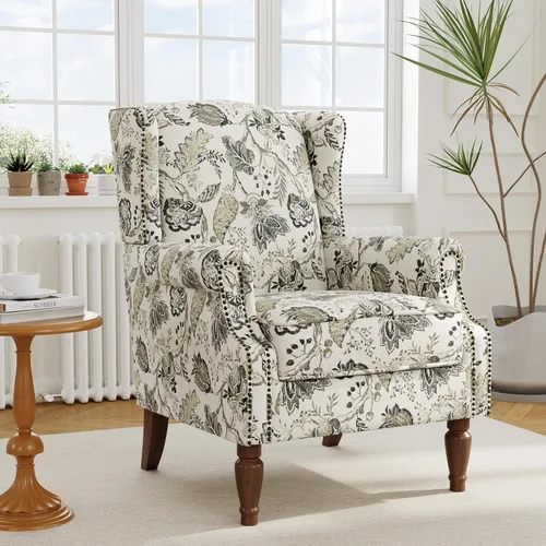 Miniatura 35 de Silla reclinable tapizada, sillón de ala floral con respaldo y reposapiés ajustables, cómoda silla decorativa para leer, sofá individual