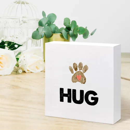 Miniatura 6 de z-crange Hug Cute Pet Heart Paw Print Wood Block Sign Decoración de escritorio, divertida caja de madera para mascotas, gatos, perros, caja