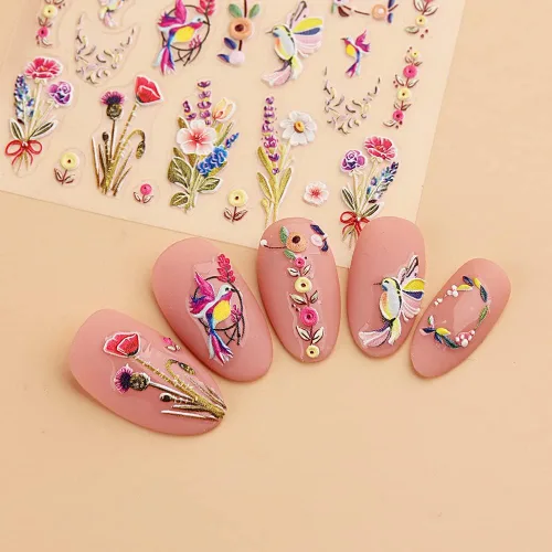 Miniatura 8 de Calcomanías de uñas bronceadas en relieve 5D, 3 hojas de flores de primavera, hierba, pájaro, calcomanías de arte de uñas, accesorios de uñas