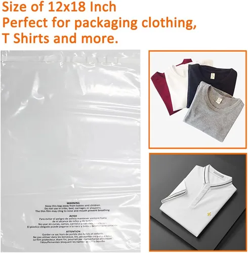 Miniatura 6 de Belinlen - 200 bolsas de polietileno transparentes autosellantes de 12 x 18 pulgadas con advertencia de asfixia para embalaje de ropa, camisetas