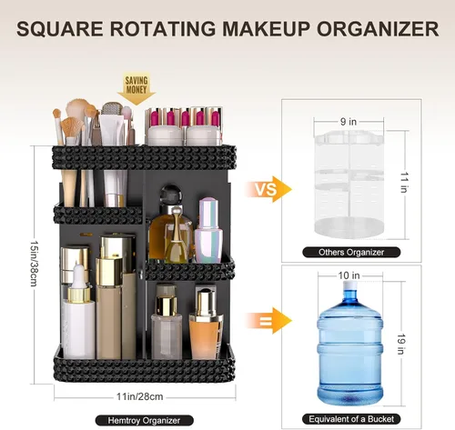 Miniatura 2 de Organizador de maquillaje giratorio con soporte para brochas de maquillaje, organizador de perfumes de gran capacidad para encimera de tocador, Negro
