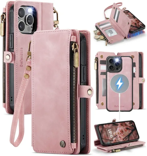Miniatura 16 de Defencase Funda magnética para iPhone 13 Pro compatible con Magsafe con bloqueo RFID, correa de cremallera y tarjetero para mujer, funda de piel