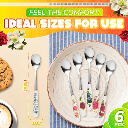 Miniatura 2 de Juego de 6 cucharas de café con mango de cerámica – Cucharas pequeñas de postre de 6.1" con diseño floral – Cuchara de acero inoxidable para té