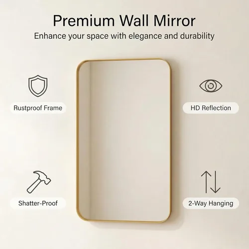 Miniatura 6 de Tangkula Espejo de baño dorado de 20 x 32 pulgadas, espejo de tocador rectangular redondeado con marco de metal, dorado mate, vidrio templado