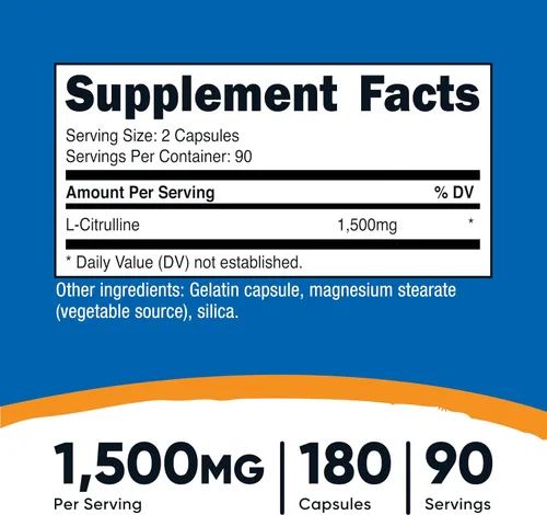Miniatura 2 de Nutricost L-citrulina 1500 mg, 180 cápsulas – 750 mg por cápsula, sin gluten, sin OMG, el embalaje puede variar (paquete de 2)