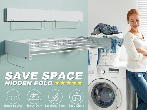 Miniatura 2 de Estante de secado de ropa oculto montado en la pared, organizador de lavandería extraíble con 5 varillas de acero inoxidable, plegable y plegable A