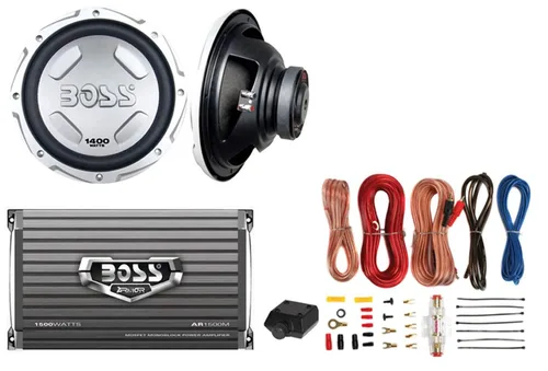2 BOSS Audio Chaos CX122 Subwoofer de potencia para automóvil de 12 pulgadas y 1400 vatios y AR1500M Armor Series Kit de instalación de amplificador