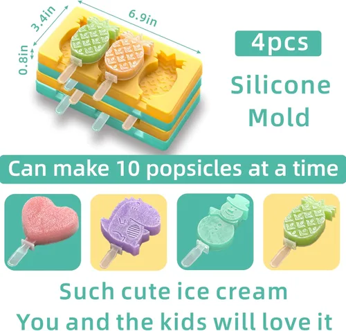 Miniatura 5 de Moldes de Paletas de Dibujos Animados para Niños - Paquete de 4, Moldes de Helados de Silicona Grado Alimenticio de 10 Cavidades, con Palitos