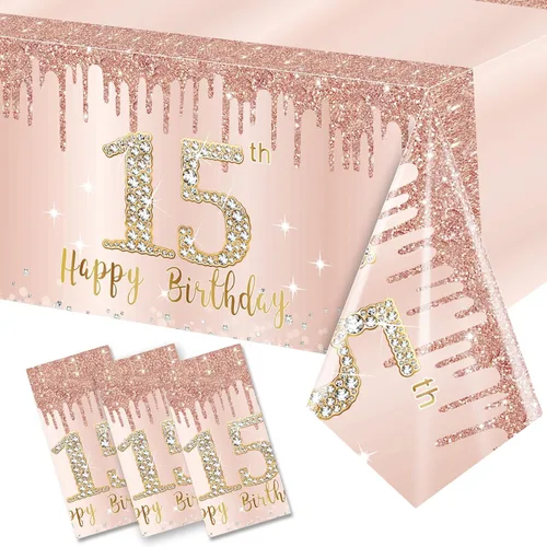 Miniatura 19 de Excelloon Paquete de 3 Manteles de Cumpleaños 50, Mantel de Cumpleaños Feliz de Rosa Púrpura y Oro Rosa, Mantel Desechable de Plástico Rectangular