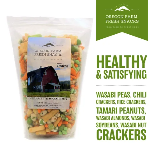 Miniatura 2 de Oregon Farm Fresh Snacks Mezcla de guisantes de Wasabi y galletas de arroz, aperitivos asiáticos de origen local y recién hechos con almendras