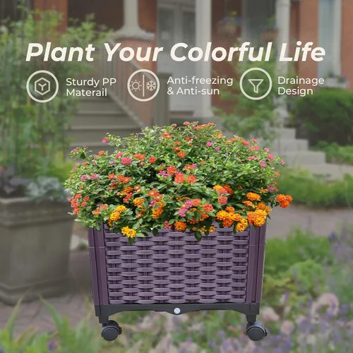Miniatura 4 de Doppy Cama de jardín elevada de plástico, macetas profundas con ruedas, macetas móviles para plantas de interior y exterior, cajas de jardín