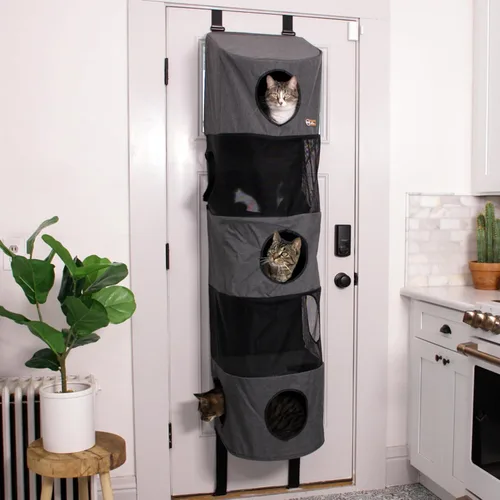 Miniatura 8 de K&H Pet Products Árbol colgante para gatos de 3 niveles, muebles para gatos montados en la puerta, ahorro de espacio, nivel de malla, agujeros