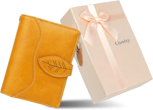 Miniatura 3 de CONISY Cartera pequeña para mujer, cartera compacta de cuero plegable con correa de muñeca con bloqueo RFID para mujer, Amarillo, Casual, clásico