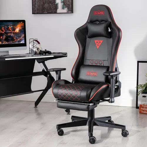 Miniatura 2 de S*MAX Silla de juegos con reposapiés, asiento grueso, sillas de juegos negras con reposabrazos 3D, sillas de jugador de piel sintética y soporte