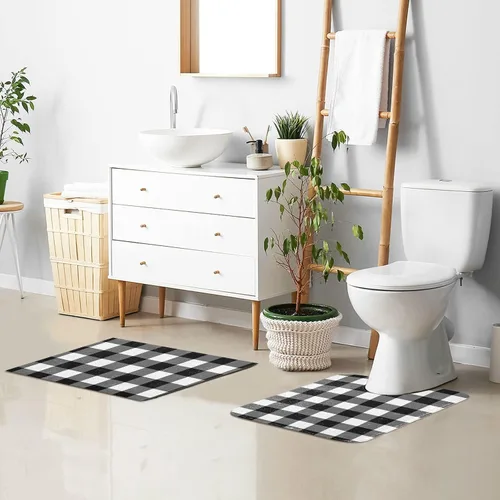 Miniatura 7 de Alfombra de baño a cuadros blancos y negros, suave, absorbente, lavable, alfombra de baño para piso de baño, alfombra de baño antideslizante