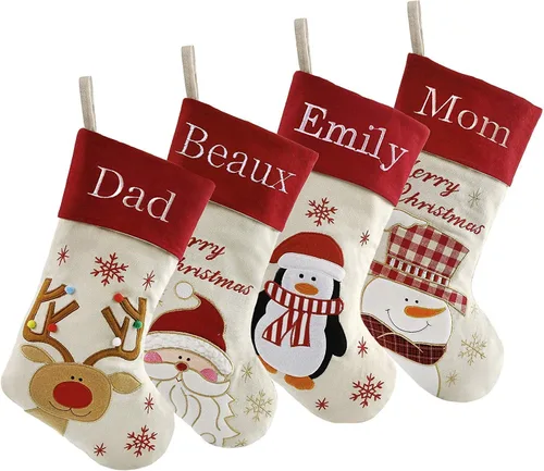 Miniatura 27 de Juego de 3, medias de Navidad personalizadas de 18 pulgadas con tecnología de bordado, diseños de Papá Noel, muñeco de nieve y renos para decoración