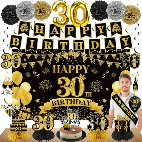 Eucutur Kit de Decoración de 42 Piezas para Cumpleaños 30 para Hombres y Mujeres, Bandera Feliz 30 Cumpleaños en Negro y Oro, Globos, Centro de Mesa