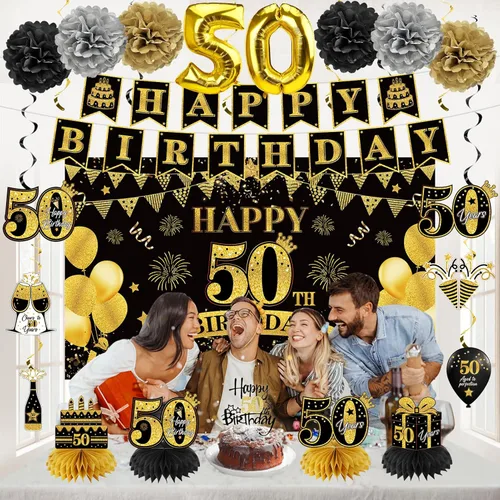 Miniatura 5 de Eucutur Kit de Decoración de 42 Piezas para Cumpleaños 50, para Hombres y Mujeres, Banner de Cumpleaños 50 Feliz en Oro Negro, Globos, Centro