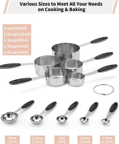 Miniatura 2 de Joyhill Juego de 10 piezas de tazas y cucharas medidoras de acero inoxidable, juego de tazas medidoras de metal anidadas con mangos de silicona