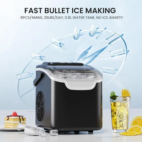 Miniatura 3 de Crzoe Encimera para hacer hielo con asa, 2 tamaños de hielo, 8 cubos de hielo en 6 minutos, 26 libras/24 horas, máquina de hielo portátil