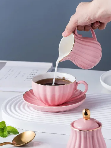 Miniatura 7 de Jusalpha Servicio para 6 tazas de café/taza de té rosa de porcelana fina, tazas y platillo de 8 onzas, con tetera, tazón de azúcar, cucharaditas
